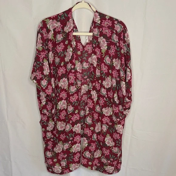 Charming Charlie Burgundy Pink Floral Kimono Cover Up Kaftan Top - M/L Med Large - Picture 1 of 8
